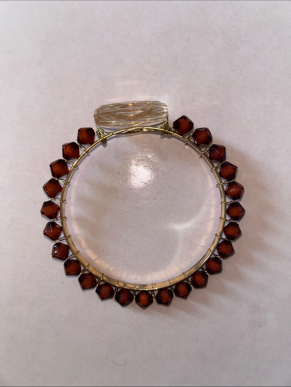 Handmade Gold-Tone Bracelet with Amber Bead Accents and Faceted Crystal